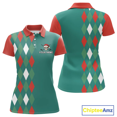Green, Red & White Christmas argyle pattern Skull Golf Polo Shirt For Women Custom ladies golf outfit NQS10770