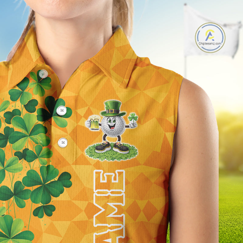 Orange pattern Green clovers St Patrick's Day Sleeveless Golf shirt Custom best golf gifts for ladies NQS11697