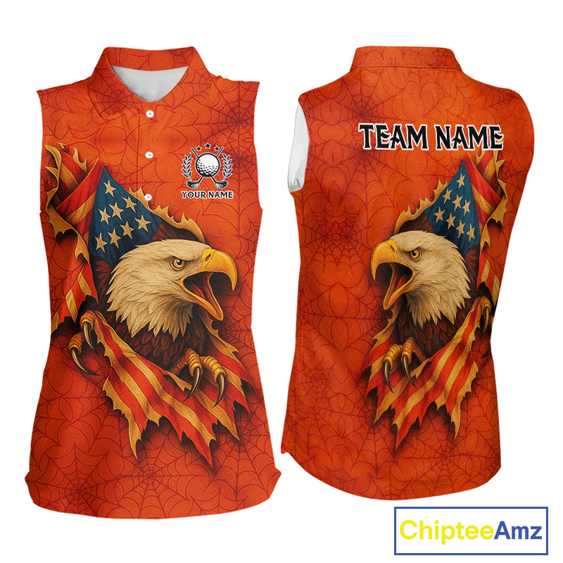 American Flag Eagle Orange spider web Halloween Sleeveless Polo Shirt Custom ladies golf outfit NQS10774