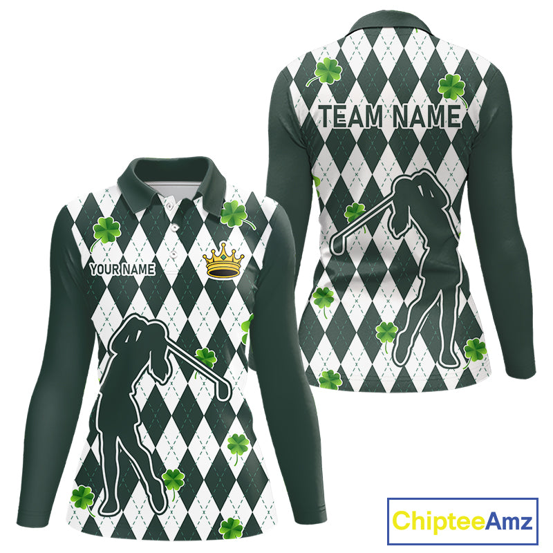 Green argyle pattern lucky shamrock Golf Polo Shirt For Women Custom St. Patrick's ladies golf outfit NQS10775