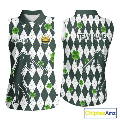 Green argyle pattern lucky shamrock Sleeveless Polo Shirt Custom St. Patrick's ladies golf outfit NQS10775