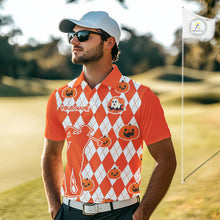 Load image into Gallery viewer, Orange argyle pattern pumpkin Golf Polo Shirt For Men Custom Halloween mens golf outfit NQS10776