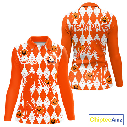 Orange argyle pattern pumpkin Golf Polo Shirt For Women Custom Halloween ladies golf outfit NQS10776