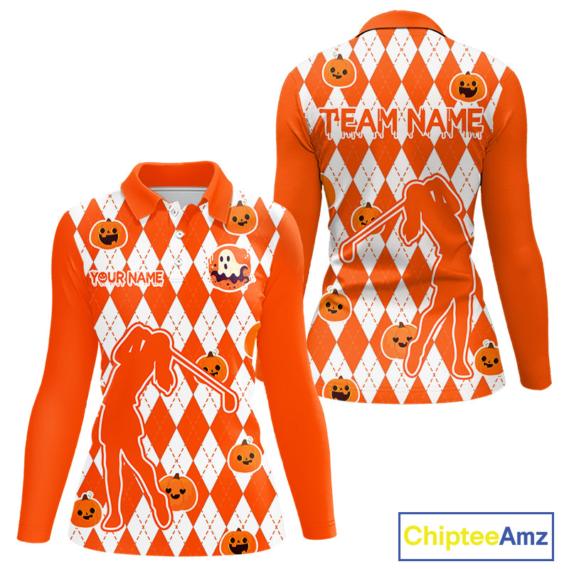 Orange argyle pattern pumpkin Golf Polo Shirt For Women Custom Halloween ladies golf outfit NQS10776