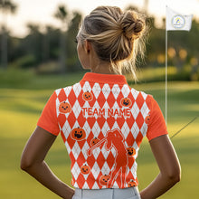 Load image into Gallery viewer, Orange argyle pattern pumpkin Golf Polo Shirt For Women Custom Halloween ladies golf outfit NQS10776