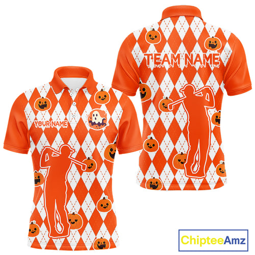Orange argyle pattern pumpkin Golf Polo Shirt For Men Custom Halloween mens golf outfit NQS10776