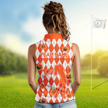 Load image into Gallery viewer, Orange argyle pattern pumpkin Golf Sleeveless Polo Shirt Custom Halloween ladies golf outfit NQS10776