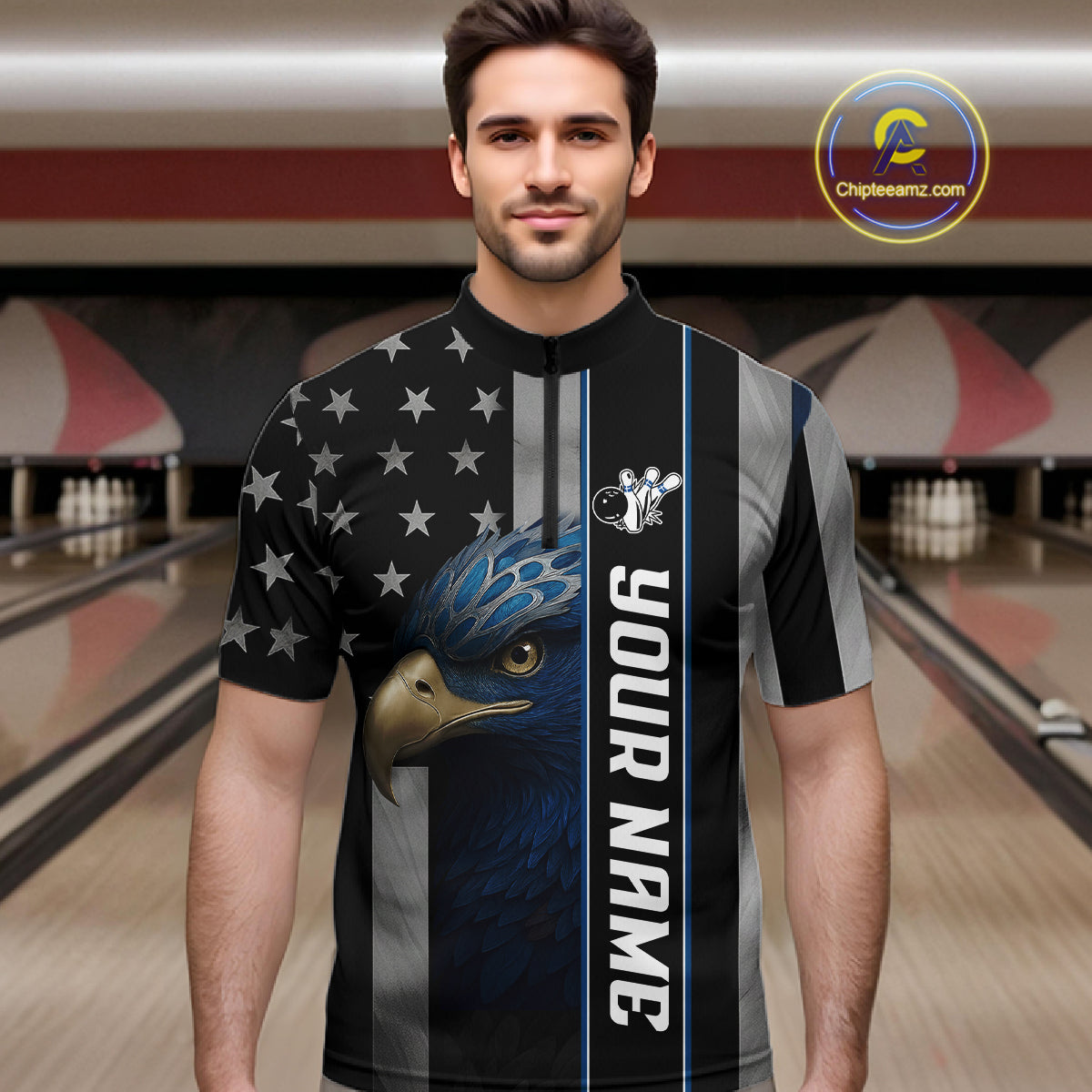 Black American Flag Eagle Bowling Shirts For Men Custom Patriotic Bowling Team Jerseys NQS11152