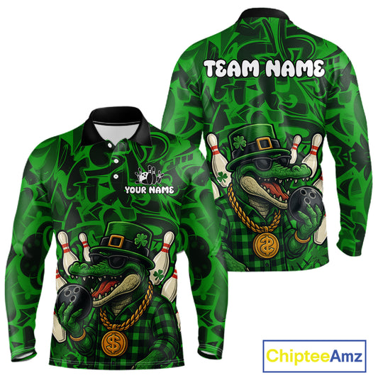 Funny Alligator Bowling Shirts For Men Custom Green graffiti pattern St Patrick Bowling Team Jersey NQS11161