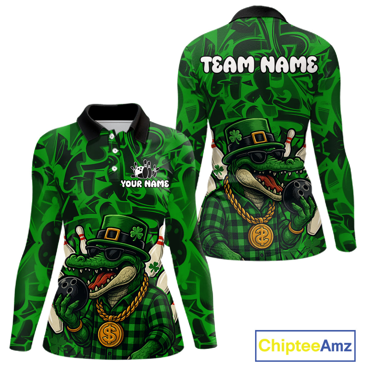 Funny Alligator Bowling Shirts For Women Custom Green graffiti pattern St Patrick Bowling Team Jersey NQS11161