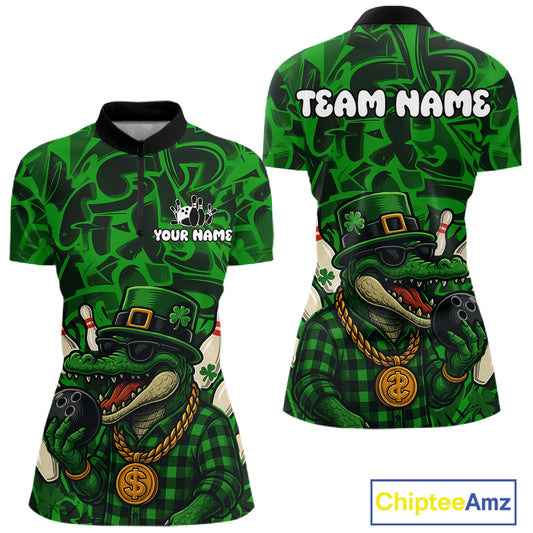 Funny Alligator Bowling Shirts For Women Custom Green graffiti pattern St Patrick Bowling Team Jersey NQS11161