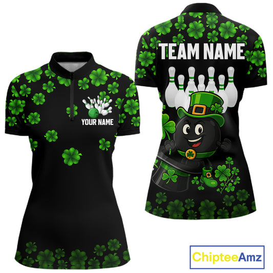 Black and Green Shamrock Funny Bowling Shirts For Women Custom St Patrick's Day Bowling Team Jersey NQS11163