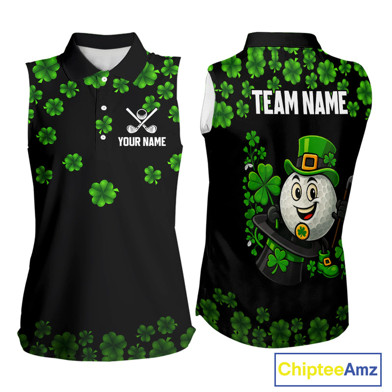 Black and Green Shamrock Funny Sleeveless Golf Polo Shirt Custom St Patrick's Day ladies golf outfit NQS11164