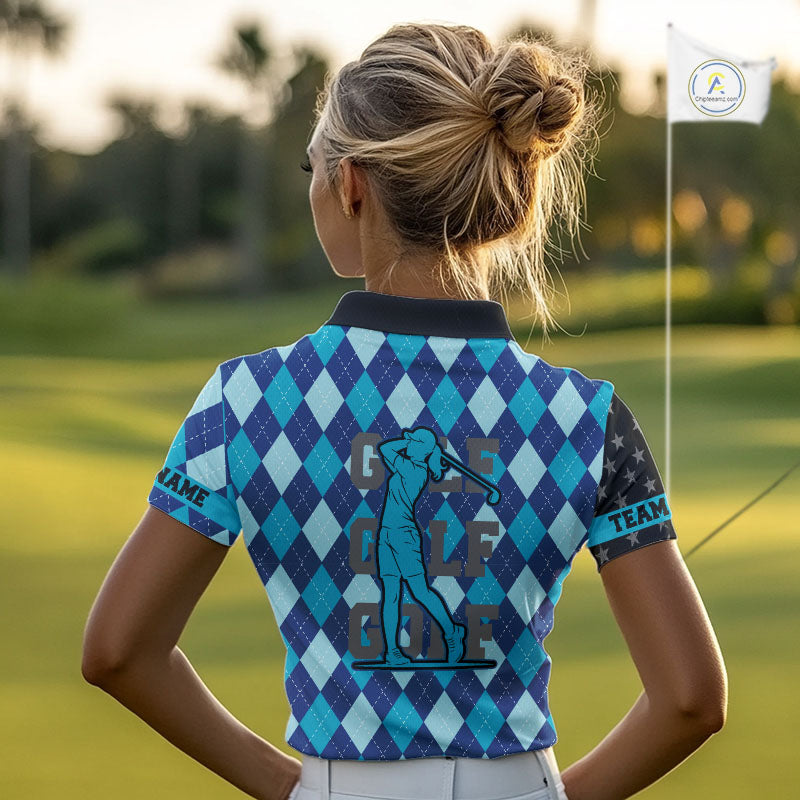 Personalized golf polo shirts for Women blue argyle pattern black American Flag patriotic golf shirts NQS11368