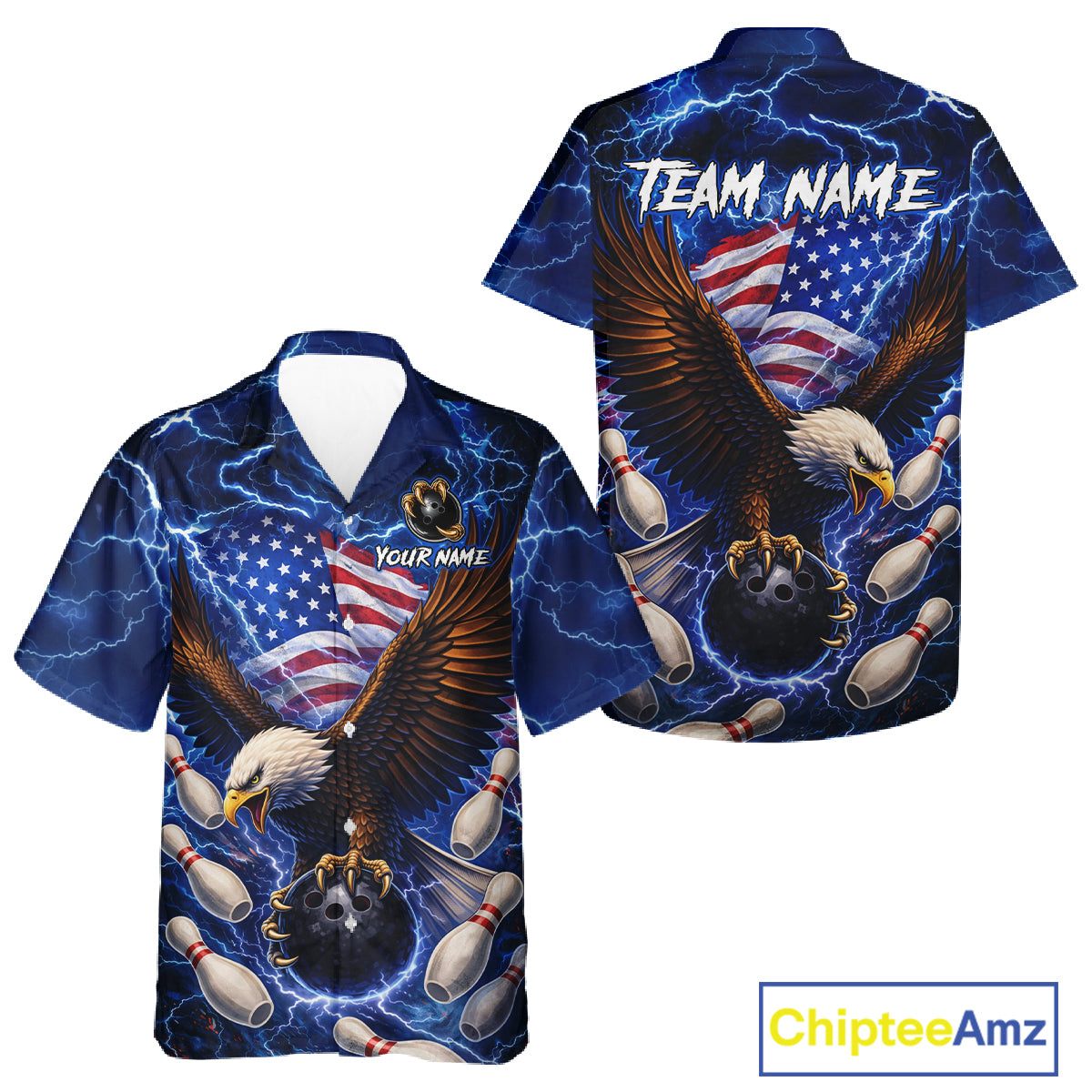 Blue Lightning Thunder US Flag Eagle Bowling Hawaiian Shirt Custom Patriotic Team Bowling Jerseys NQS11580