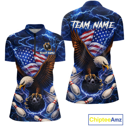 Blue Lightning Thunder US Flag Eagle Bowling Shirts for Women Custom Patriotic Team Bowling Jerseys NQS11580