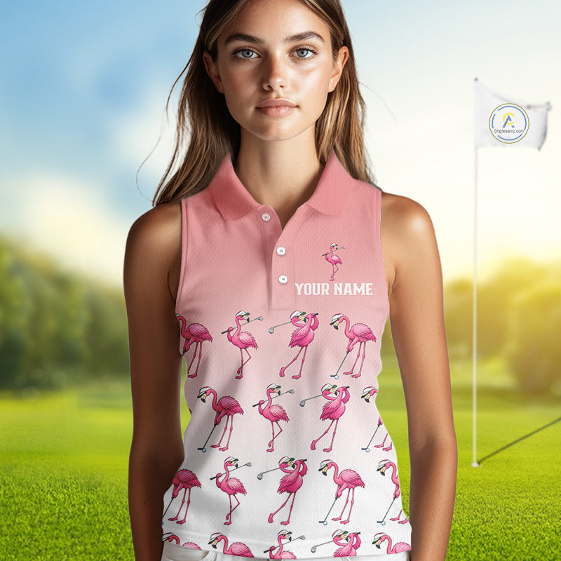 Funny Pink Flamingo Sleeveless Golf polo shirt for Women custom Flamingo golfer pattern golf shirts NQS11714
