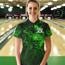 Load image into Gallery viewer, Custom Green Smoke Skull Bowling Polo, Quarter Zip Shirts For Women, Skull Team Bowling Jersey NQS10798