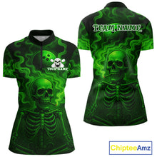 Load image into Gallery viewer, Custom Green Smoke Skull Bowling Polo, Quarter Zip Shirts For Women, Skull Team Bowling Jersey NQS10798