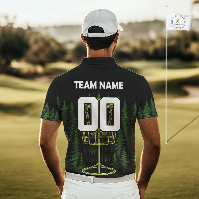 Black and Green Forest Disc Golf basket Mens Disc golf polo shirts Custom team disc golf attire NQS10801