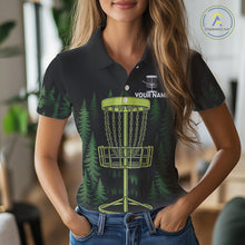 Load image into Gallery viewer, Black and Green Forest Disc Golf basket Women Disc golf polo shirts Custom team disc golf attire NQS10801