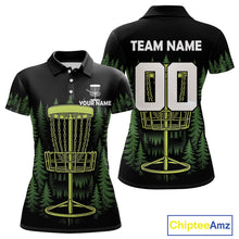 Load image into Gallery viewer, Black and Green Forest Disc Golf basket Women Disc golf polo shirts Custom team disc golf attire NQS10801