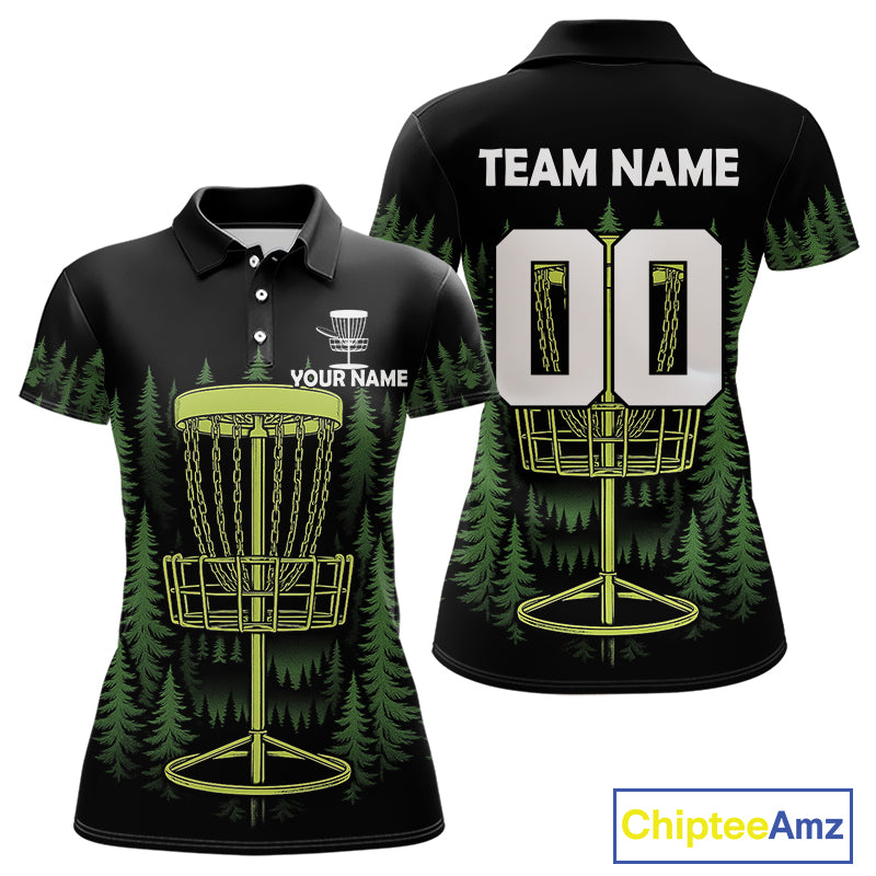 Black and Green Forest Disc Golf basket Women Disc golf polo shirts Custom team disc golf attire NQS10801
