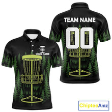 Load image into Gallery viewer, Black and Green Forest Disc Golf basket Mens Disc golf polo shirts Custom team disc golf attire NQS10801