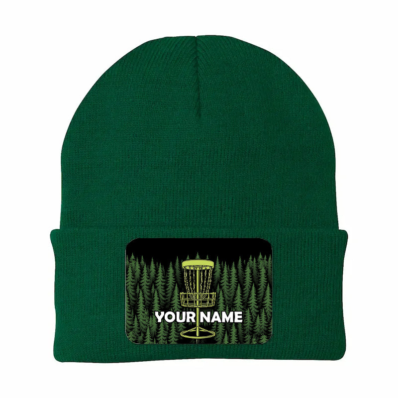 Green Forest Disc Golf basket custom name Rectangle Patch Disc Golf Knit Beanie Hat NQS10802