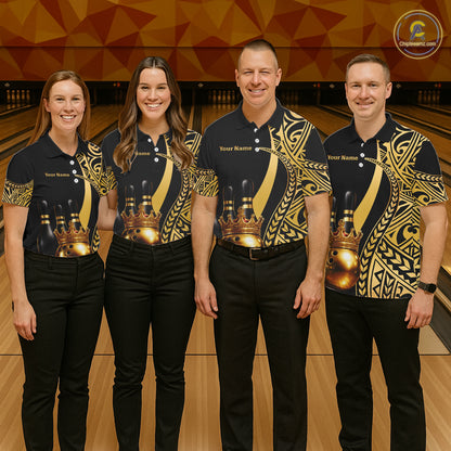 Black and Gold crown Bowling ball pins Polo, Quarter Zip Shirts for Men Custom Bowling Team jerseys NQS11592
