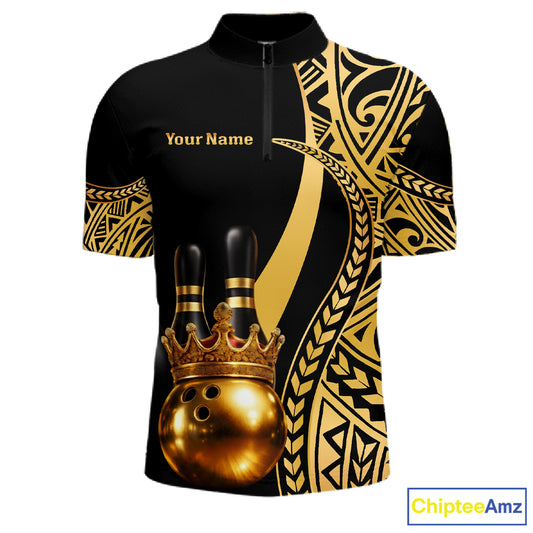 Black and Gold crown Bowling ball pins Polo, Quarter Zip Shirts for Men Custom Bowling Team jerseys NQS11592