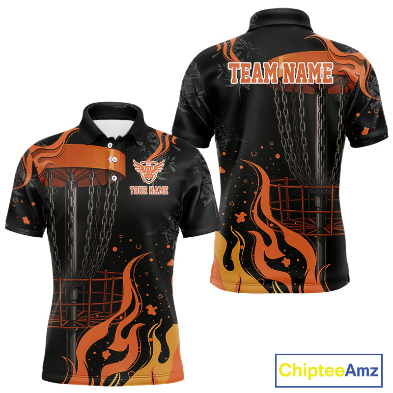 Black and Orange Flame Disc Golf basket Mens Disc golf polo shirts Custom team disc golf outfit NQS10811