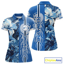 Load image into Gallery viewer, Blue tropical flower Flame Bowling Polo, Quarter Zip Shirts For Women Custom Bowler Gift Bowling Team NQS10990