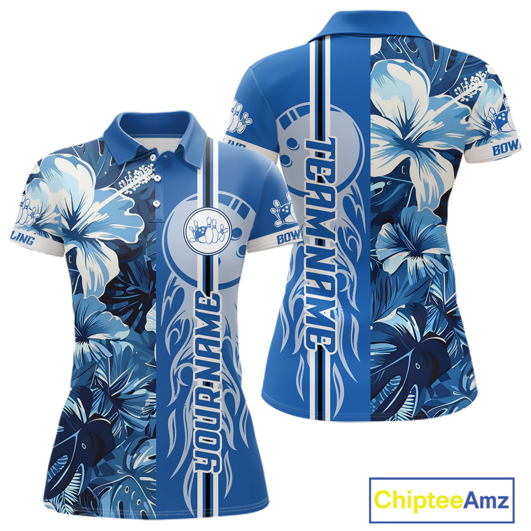 Blue tropical flower Flame Bowling Polo, Quarter Zip Shirts For Women Custom Bowler Gift Bowling Team NQS10990