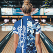 Load image into Gallery viewer, Blue tropical flower Flame Bowling Polo, Quarter Zip Shirts For Women Custom Bowler Gift Bowling Team NQS10990