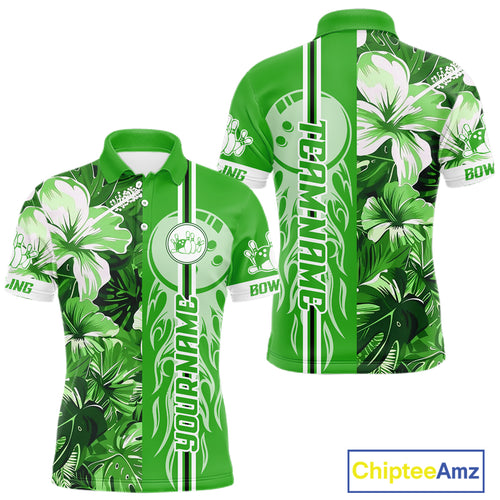Green tropical flower Flame Bowling Polo, Quarter Zip Shirts For Men Custom Bowler Gift Bowling Team NQS10991