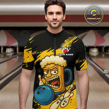Load image into Gallery viewer, Black And Yellow Funny Beer Bowling Men Polo, 1/4 Zip Shirts Custom Angry Beer Glass Bowling Jersey NQS10784