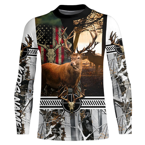Red Deer stag hunting American flag winter camo custom name Shirt for Hunter, Deer hunting gift FSD24