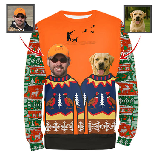 Funny Custom Ugly Christmas Sweatshirt for Bird Hunters – Hunter & Dog’s Face and Name FSD4758