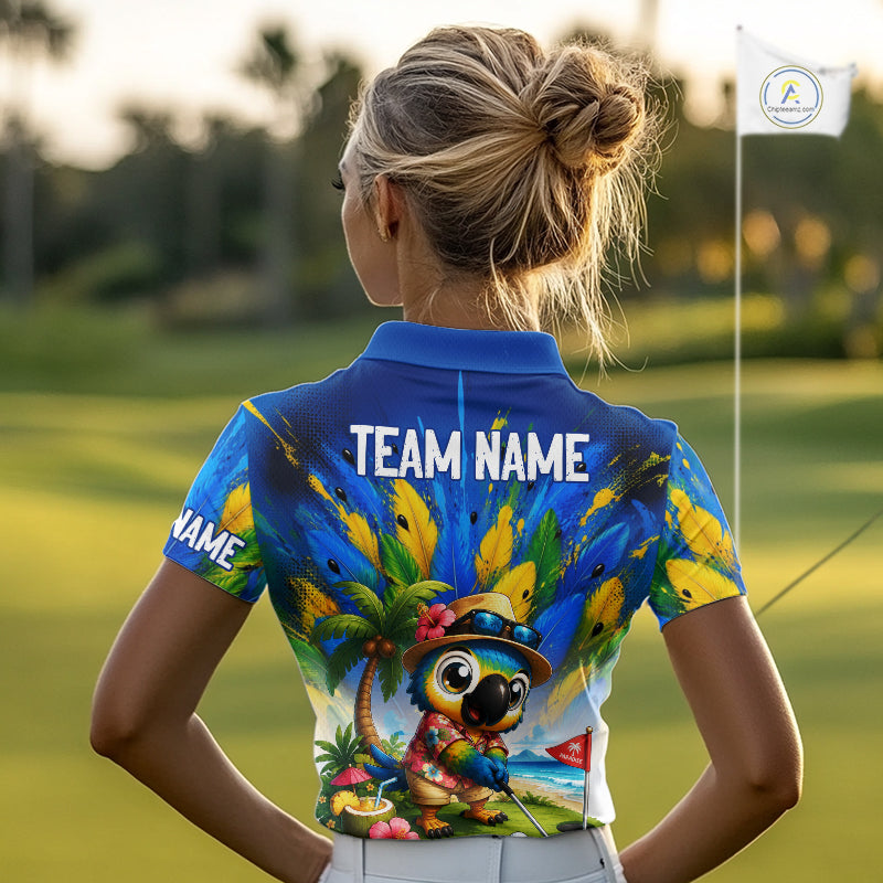 Personalized tropical parrot womens golf polo shirt, funny Hawaiian bird golf jersey, side view.