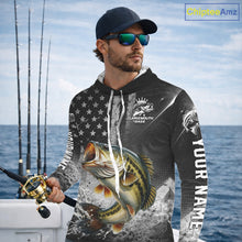 Load image into Gallery viewer, Gray Bass Custom Hooded Long Sleeve Fishing Shirts, American Flag Patriotic Bass Fishing Shirt NHT514