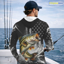 Load image into Gallery viewer, Gray Bass Custom Hooded Long Sleeve Fishing Shirts, American Flag Patriotic Bass Fishing Shirt NHT514