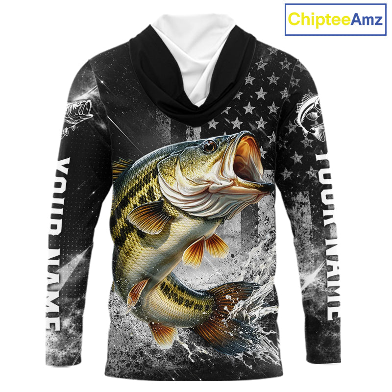 Gray Bass Custom Hooded Long Sleeve Fishing Shirts, American Flag Patriotic Bass Fishing Shirt NHT514