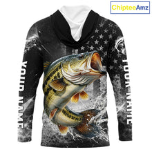 Load image into Gallery viewer, Gray Bass Custom Hooded Long Sleeve Fishing Shirts, American Flag Patriotic Bass Fishing Shirt NHT514
