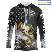 Load image into Gallery viewer, Gray Bass Custom Hooded Long Sleeve Fishing Shirts, American Flag Patriotic Bass Fishing Shirt NHT514