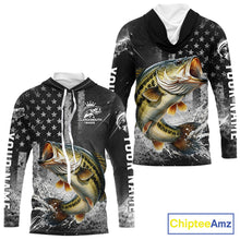 Load image into Gallery viewer, Gray Bass Custom Hooded Long Sleeve Fishing Shirts, American Flag Patriotic Bass Fishing Shirt NHT514