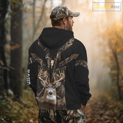 Brown Camo 3D Deer Hunting Hoodie For Men – Whitetail Buck Skull Design NHT335