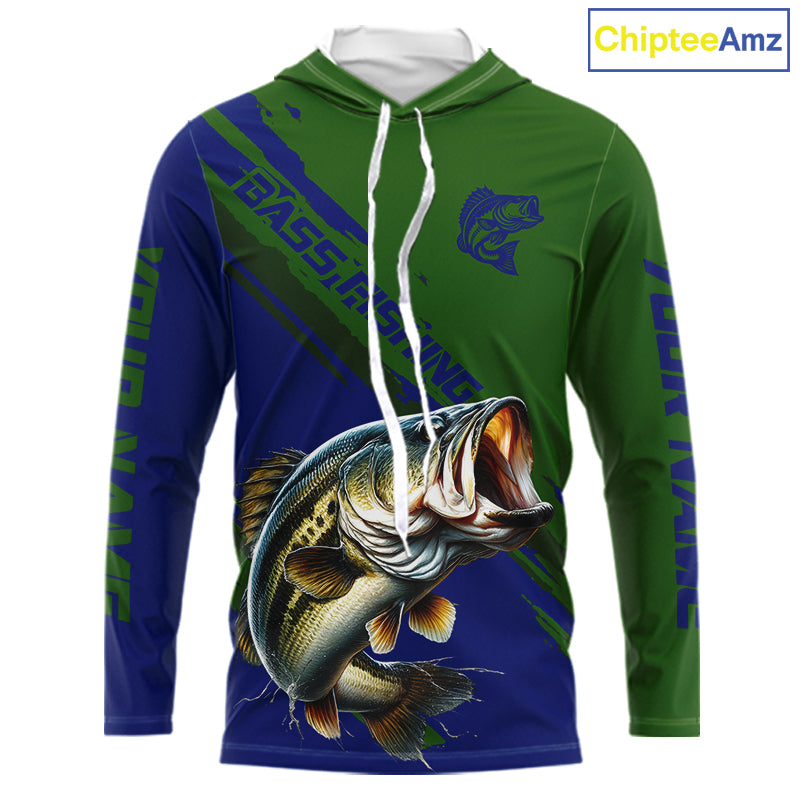 Green Blue Bass Fishing Shirt Long Sleeve Fishing Apparel For Men, Hooded Fishing Shirt For Fisher NHT873