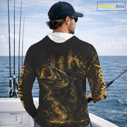 Grim Reaper Bass Fishing Jersey, Largemouth Bass Long Sleeve Hooded Performance Fishing Shirt|Yellow NHT1210