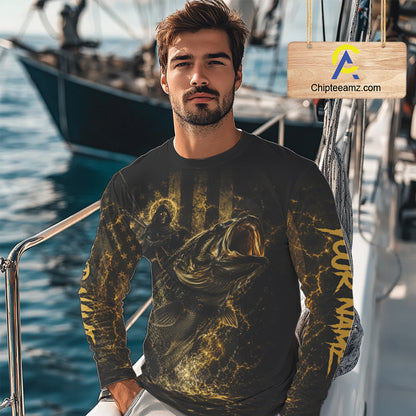 Grim Reaper Bass Fishing Jersey, Largemouth Bass Long Sleeve Performance Fishing Shirt|Yellow NHT1210
